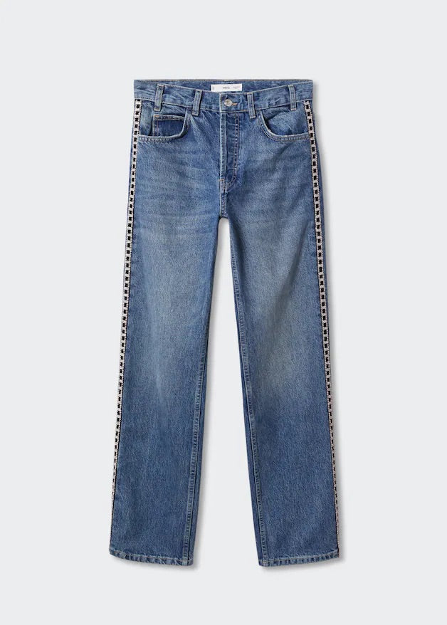 Straight jeans with crystal detail on the sides