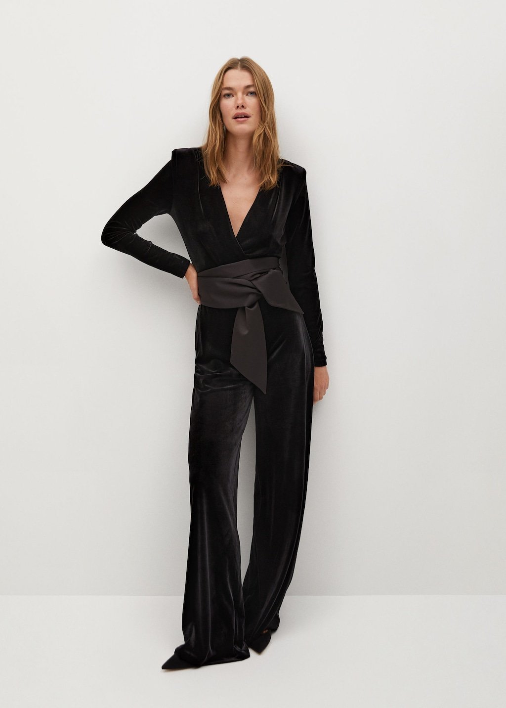 Bow velvet textured jumpsuit