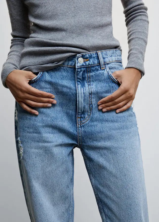 Ripped high rise straight jeans