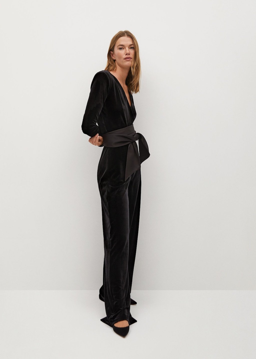 Bow velvet textured jumpsuit