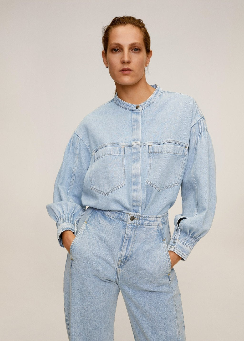 Puffed sleeves denim shirt