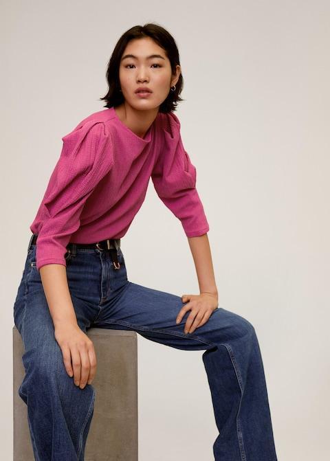 Puffed sleeves pleated t-shirt