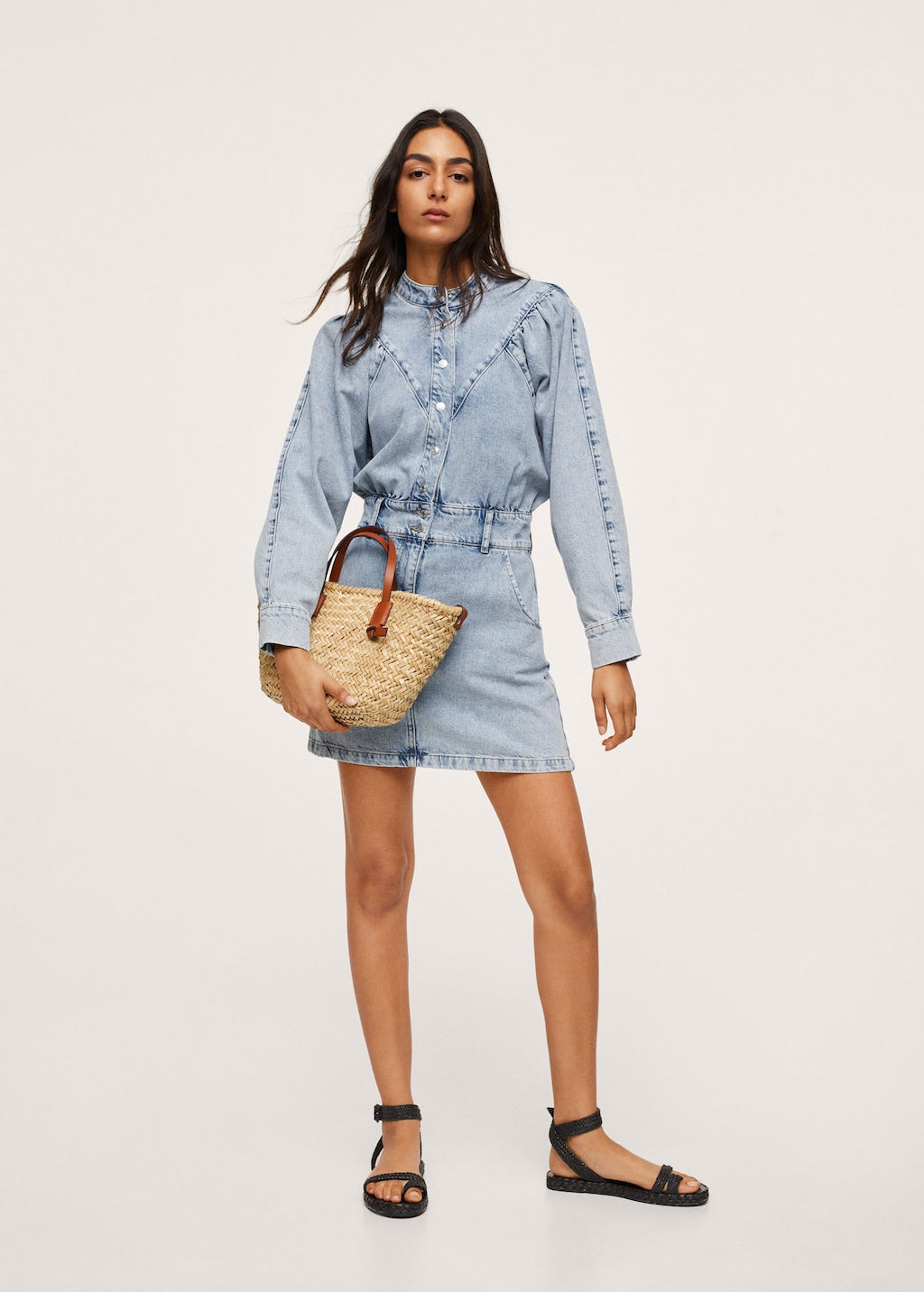 Denim dress with puffed sleeves