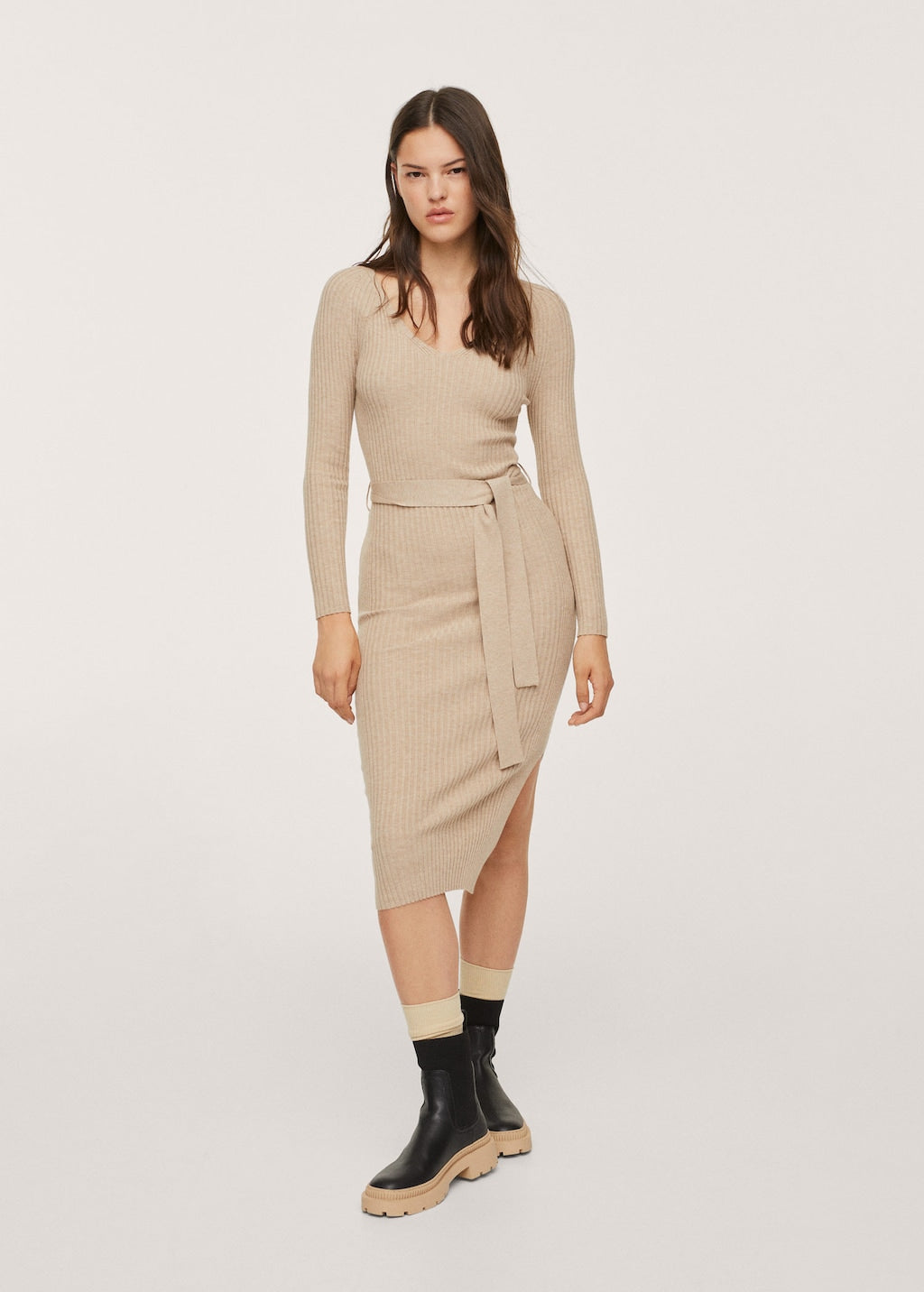 Belt ribbed dress