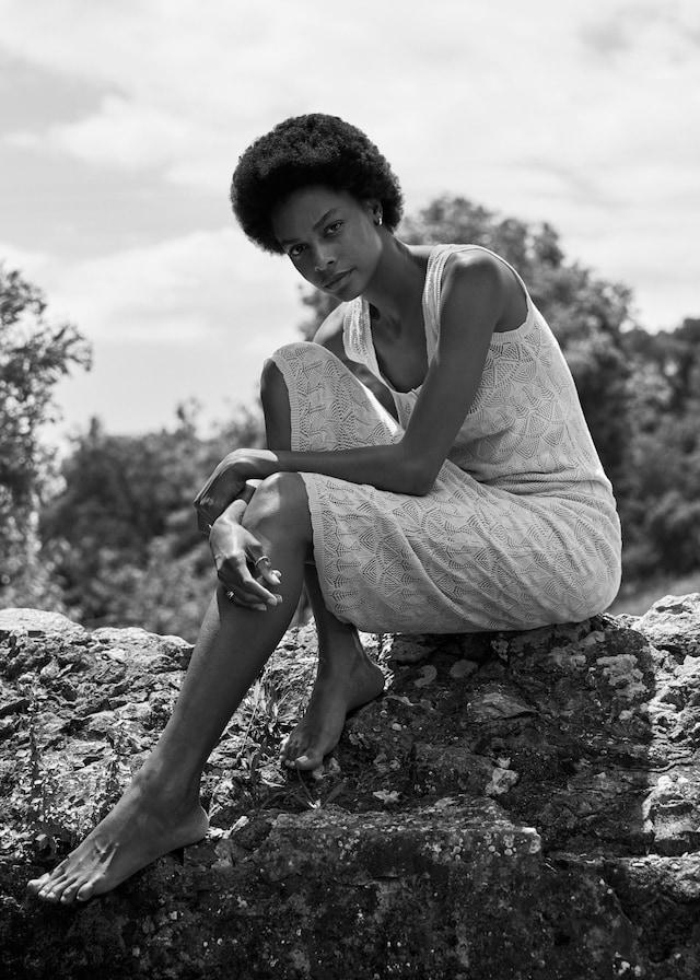 Openwork detail linen dress