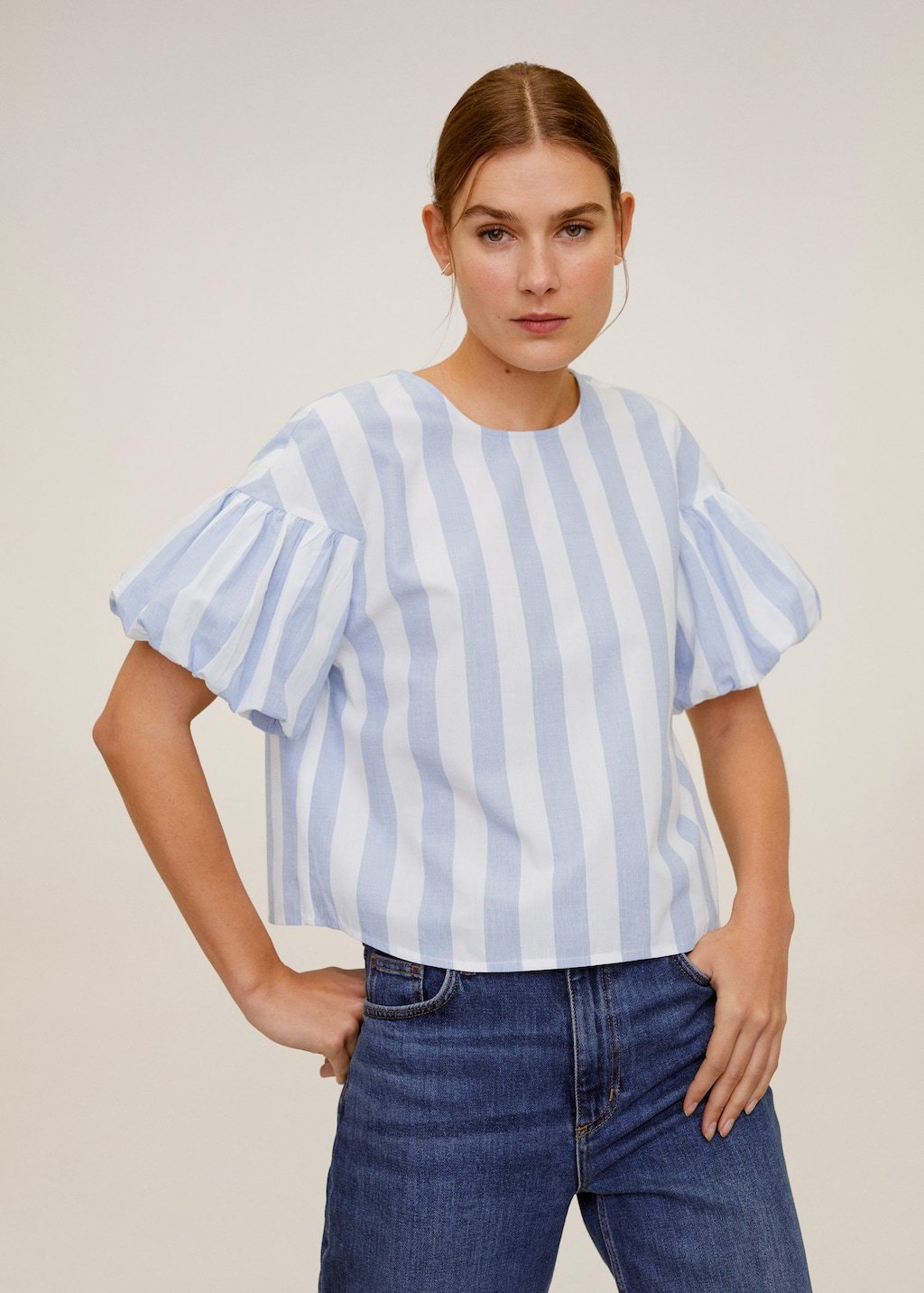 Puffed sleeves striped shirt
