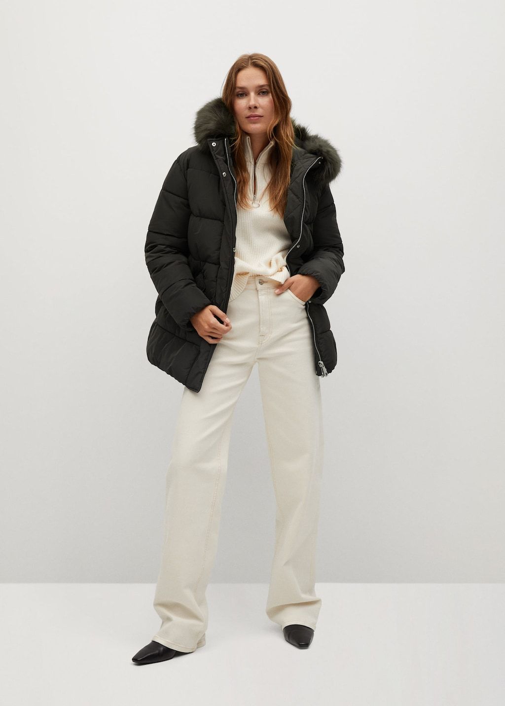 Detachable faux-fur quilted anorak